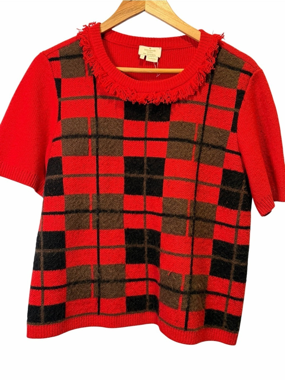kate spade Red Plaid Short-Sleeve Sweater with Fringed Crew Neck