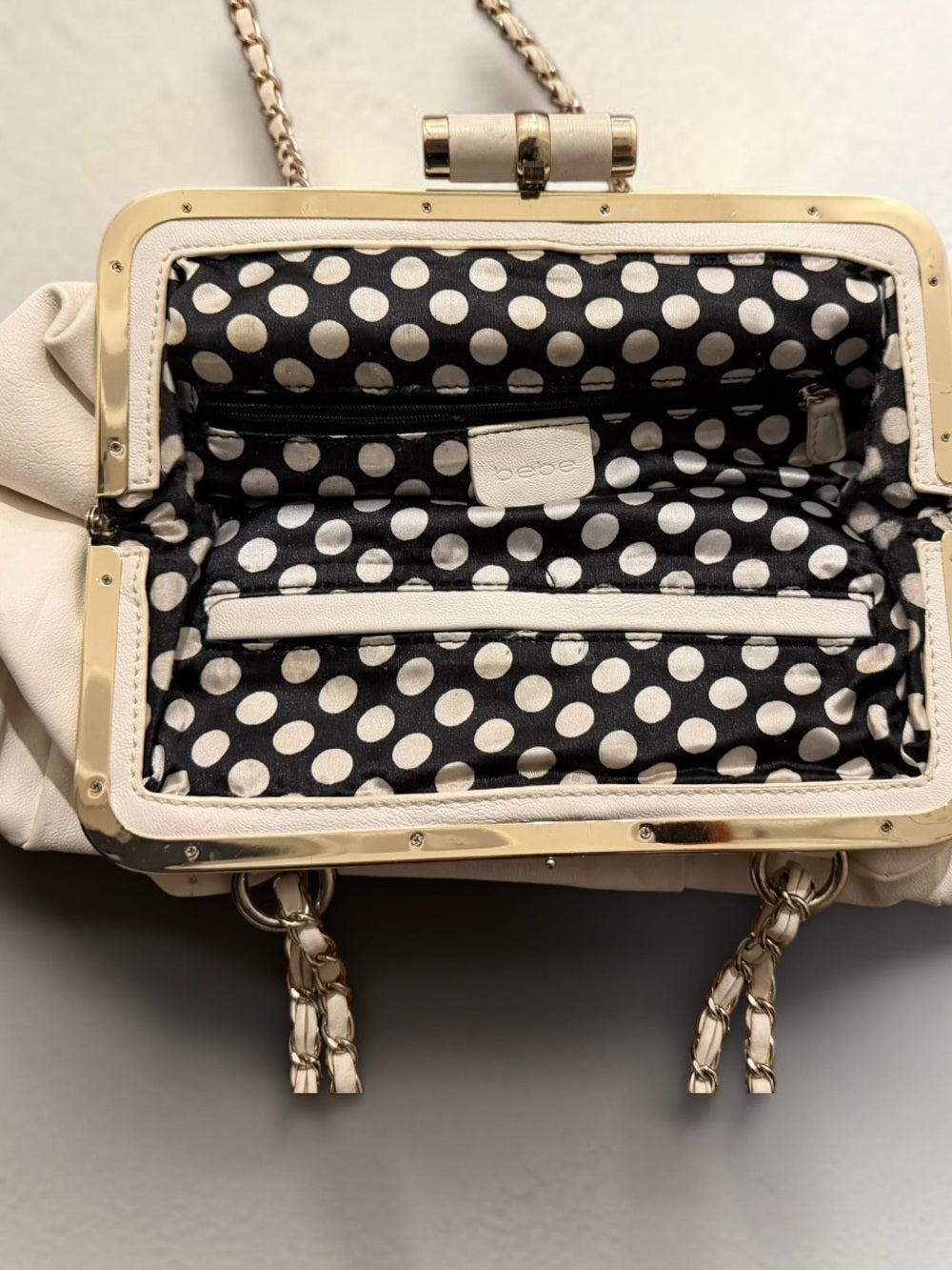 bebe Cream Ribbed Shoulder Bag with Bow Detail and Chain Strap