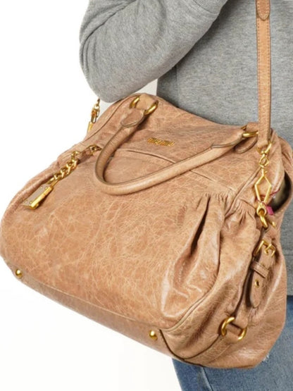Miu Miu Taupe-Beige Leather Satchel with Gold Hardware