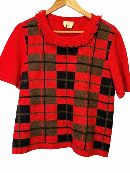 kate spade Red Plaid Short-Sleeve Sweater with Fringed Crew Neck