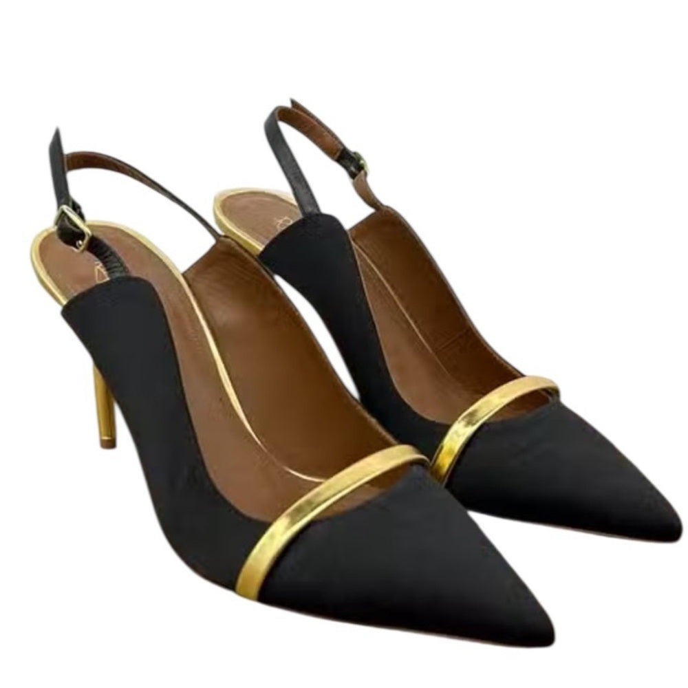 Malone Souliers Black and Gold Slingback Heels