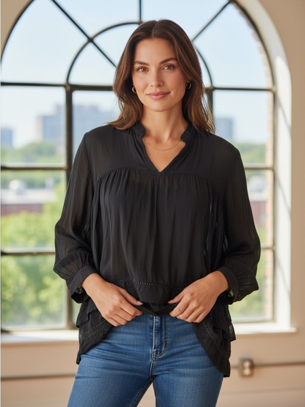 Paolo Casalini Charcoal Blouse - Silk Blend - Made in Italy - Size L