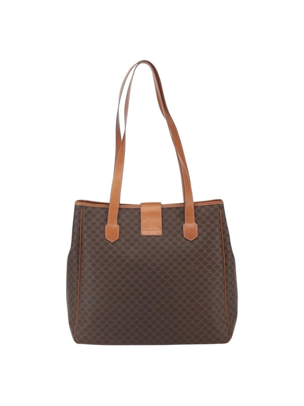 Celine Brown Monogram Madam Tote with Tan Leather Trim and Gold Accent