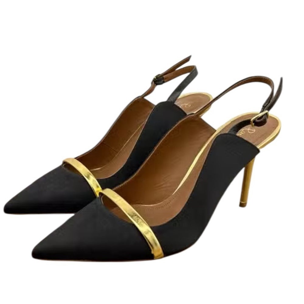 Malone Souliers Black and Gold Slingback Heels