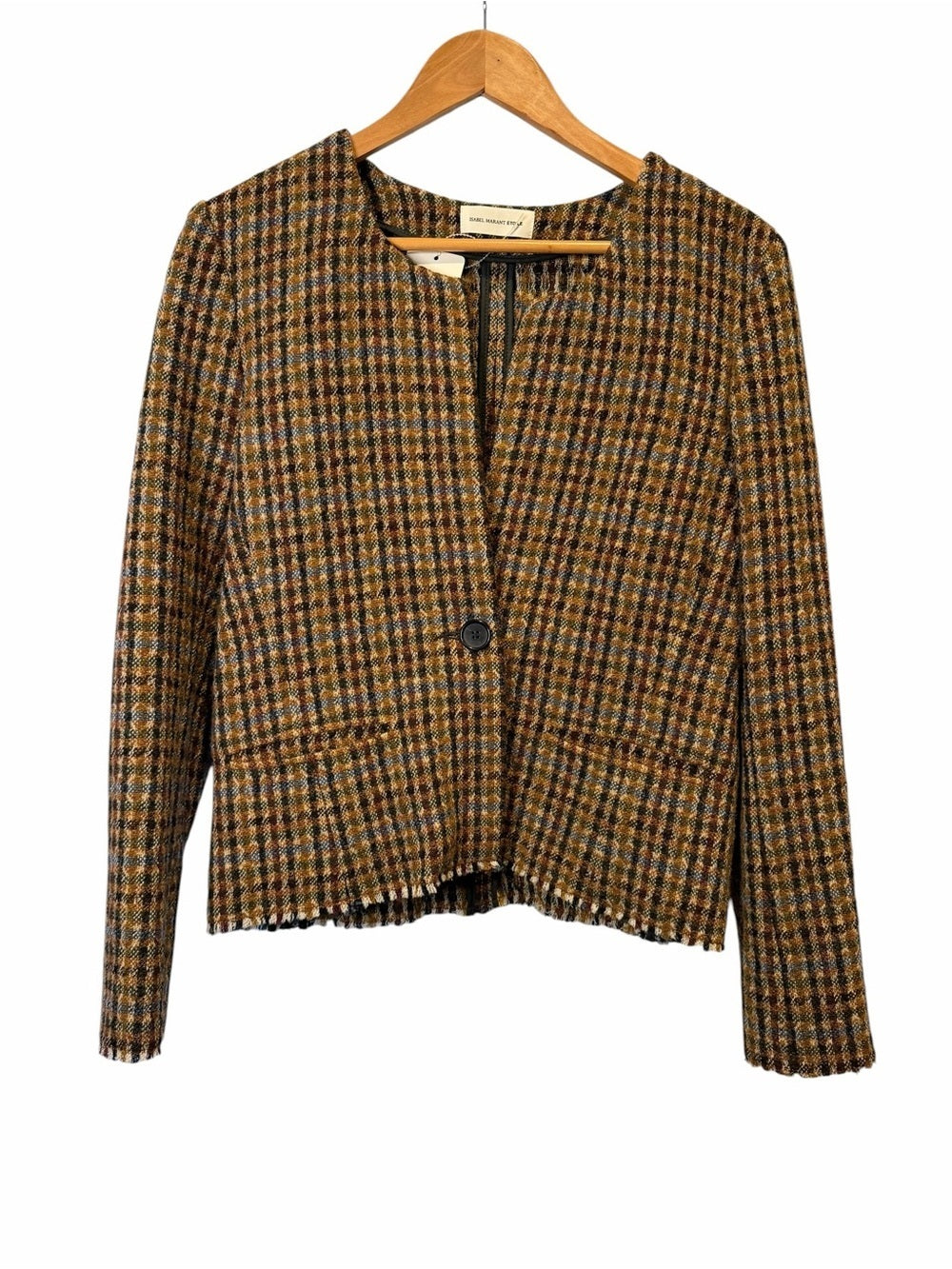 Isabel Marant Brown Checked Collarless Tweed Blazer - Size 44/ 12-14