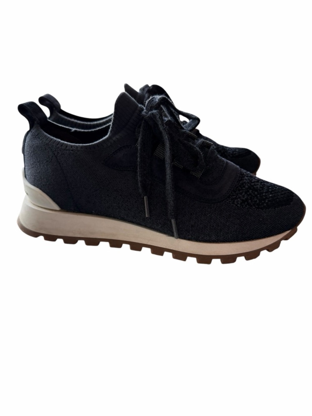 Brunello Cucinelli Black Knit Platform Sneakers with Brown Soles with Box - 9.5