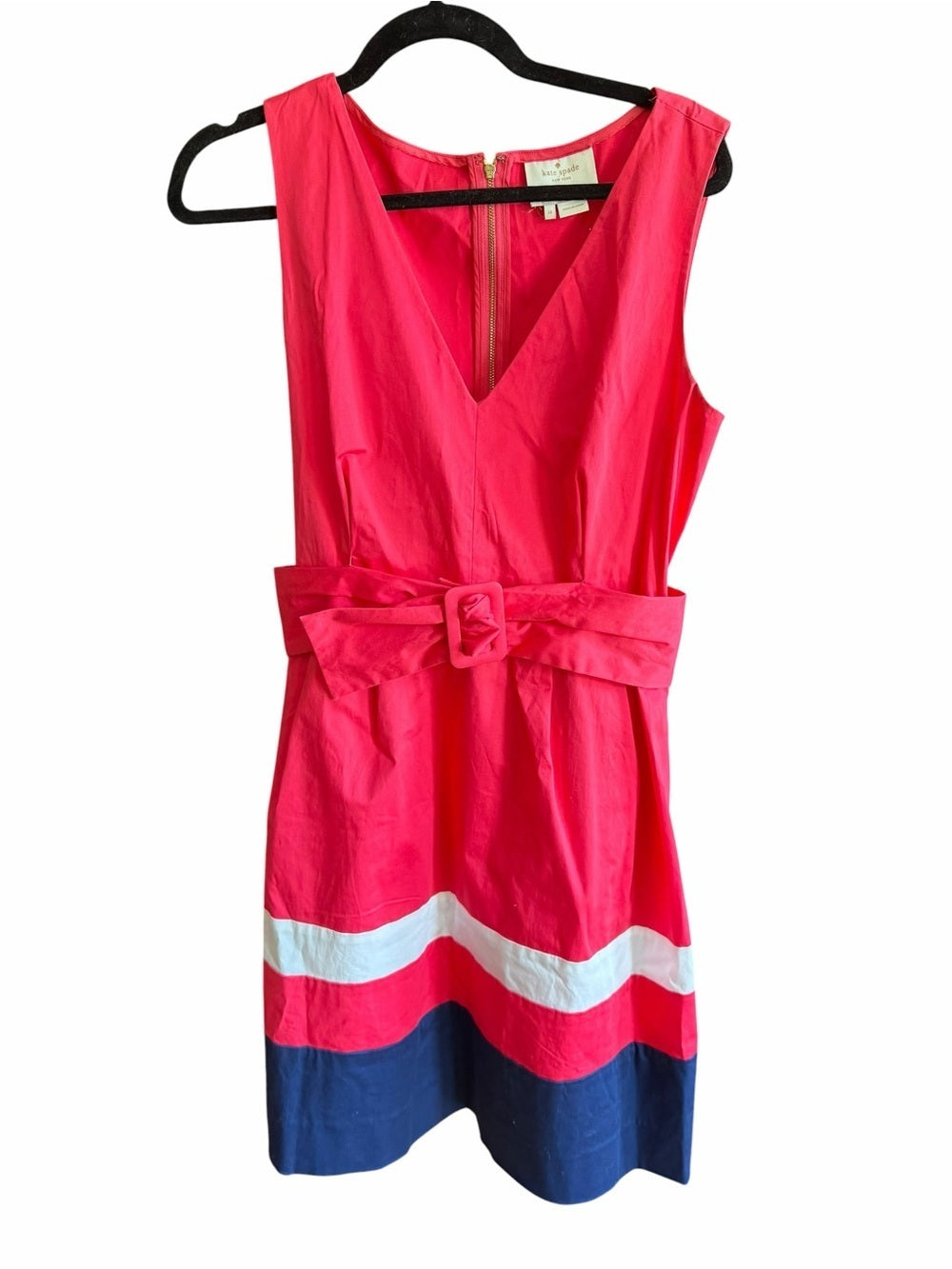 kate spade Coral Sleeveless V-Neck Belted Midi Dress with Navy & White Trim