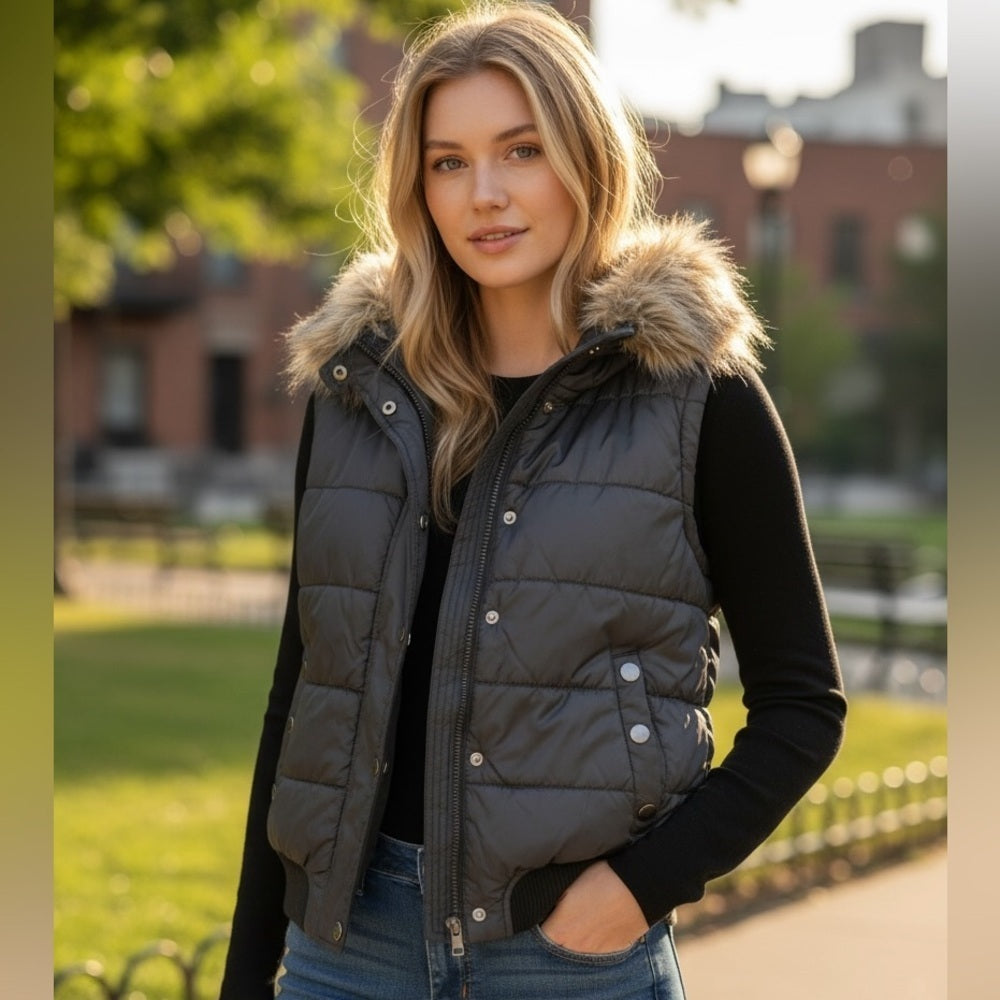 Denim&Co Black Puffer Vest with Faux Fur Trim - Casual Streetwear- Size L