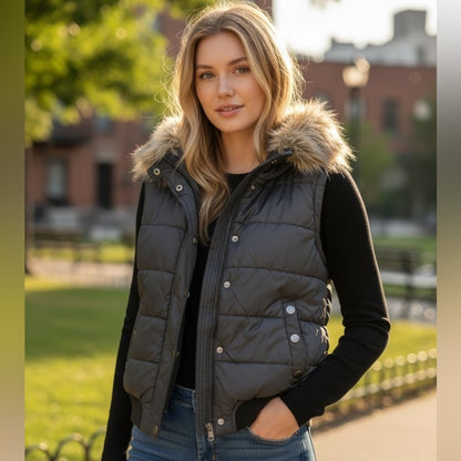 Denim&Co Black Puffer Vest with Faux Fur Trim - Casual Streetwear- Size L