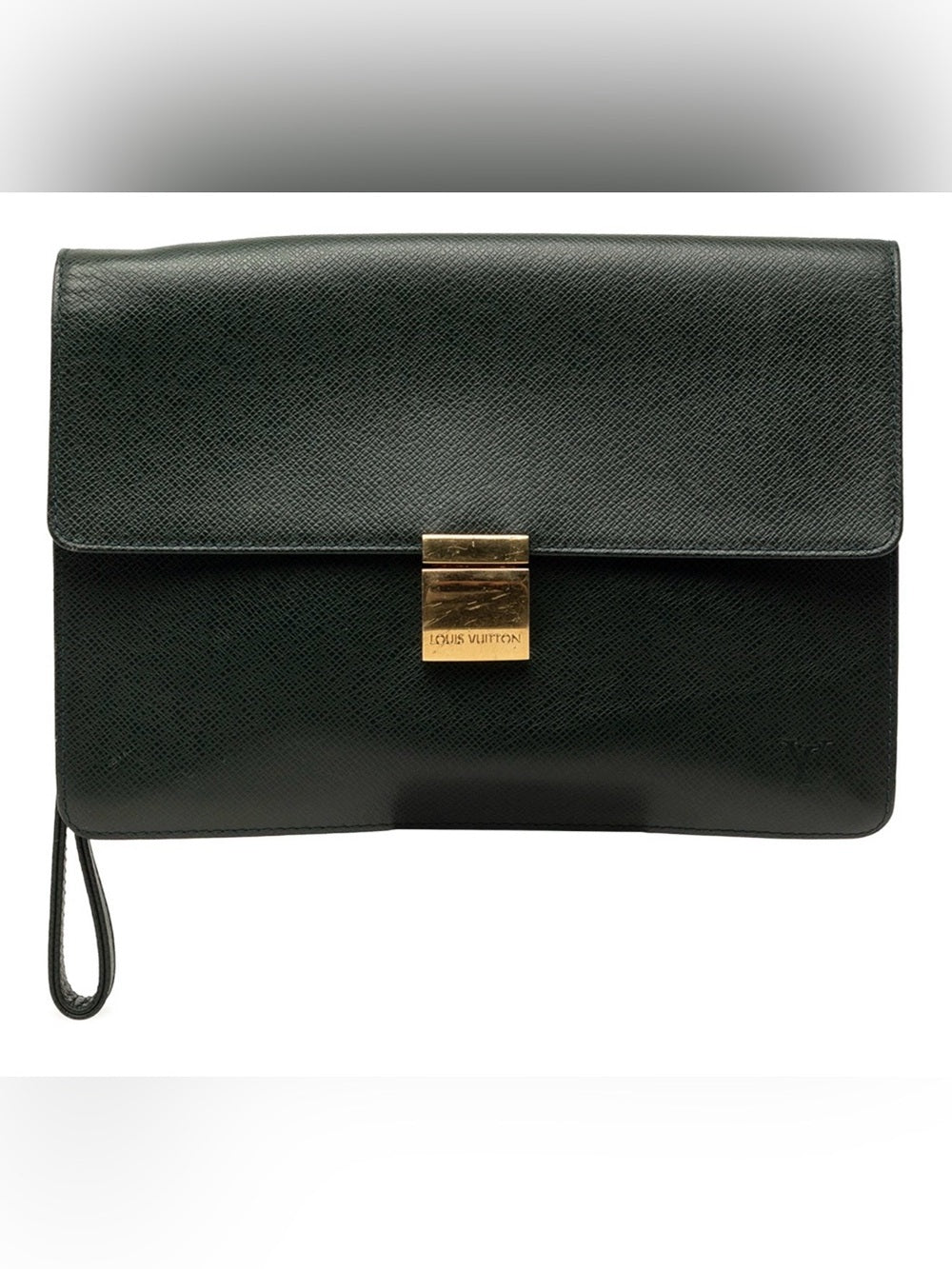 Louis Vuitton Green Leather Wristlet Clutch with Gold Lock