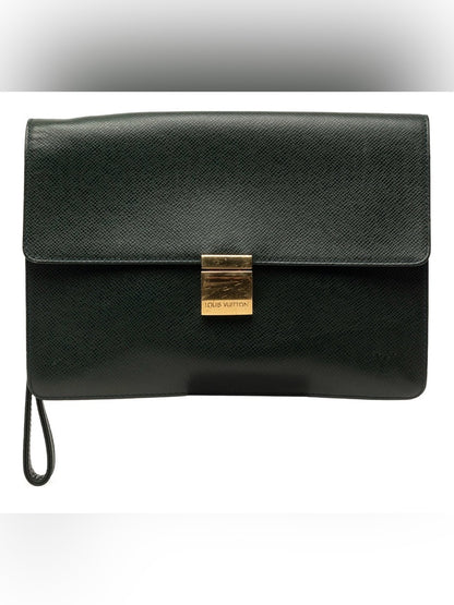 Louis Vuitton Green Leather Wristlet Clutch with Gold Lock