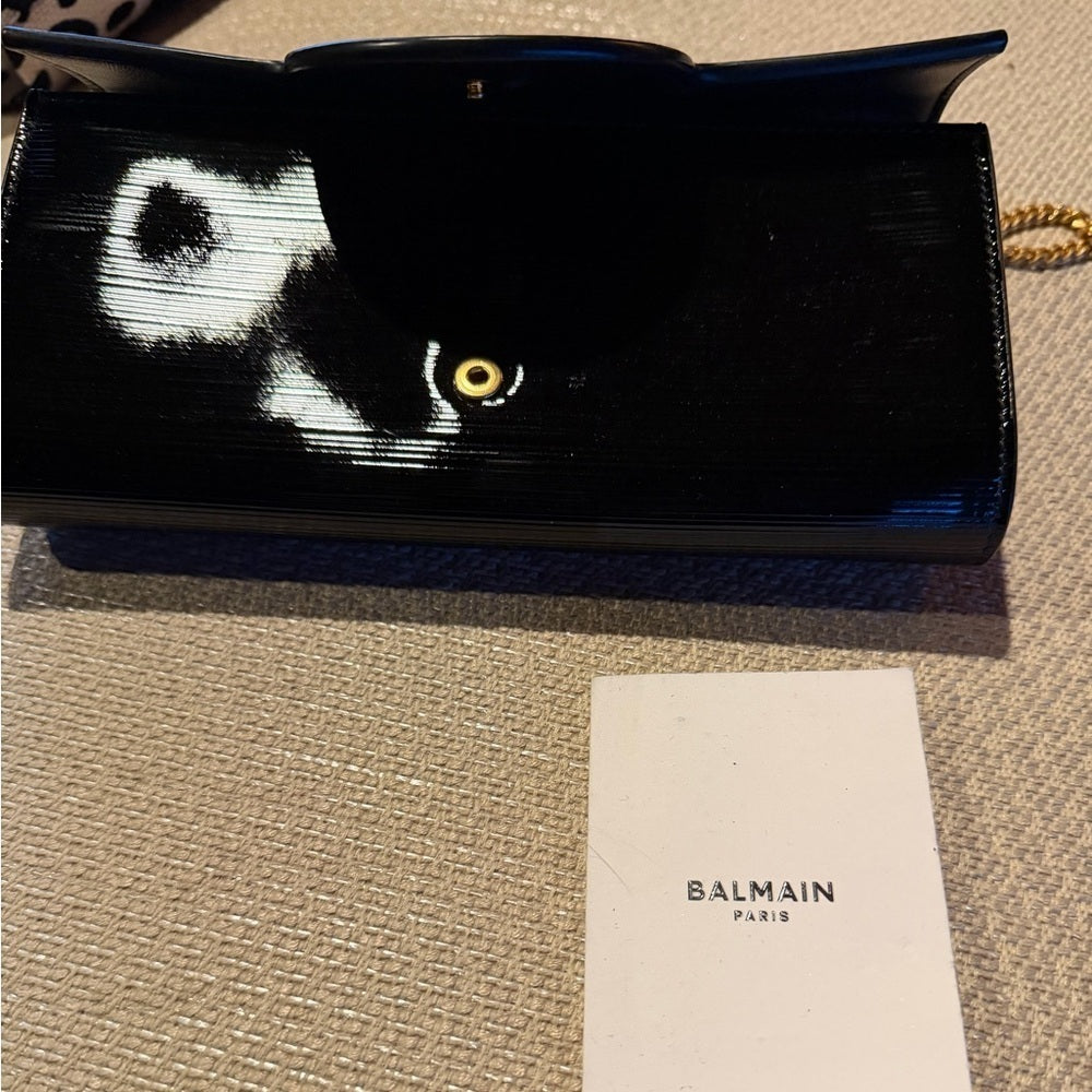 Balmain Black Patent Clutch with Gold Chain