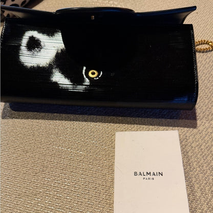 Balmain Black Patent Clutch with Gold Chain