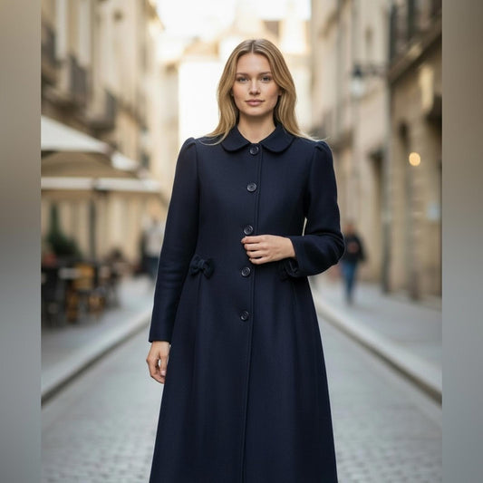 Pierre Cardin Dark Blue Pea Coat with Bow Details
