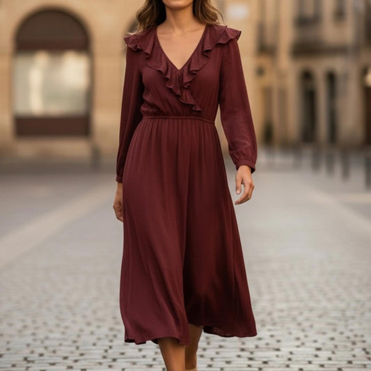 Ba&sh Burgundy Ruffle Long Sleeve Dress