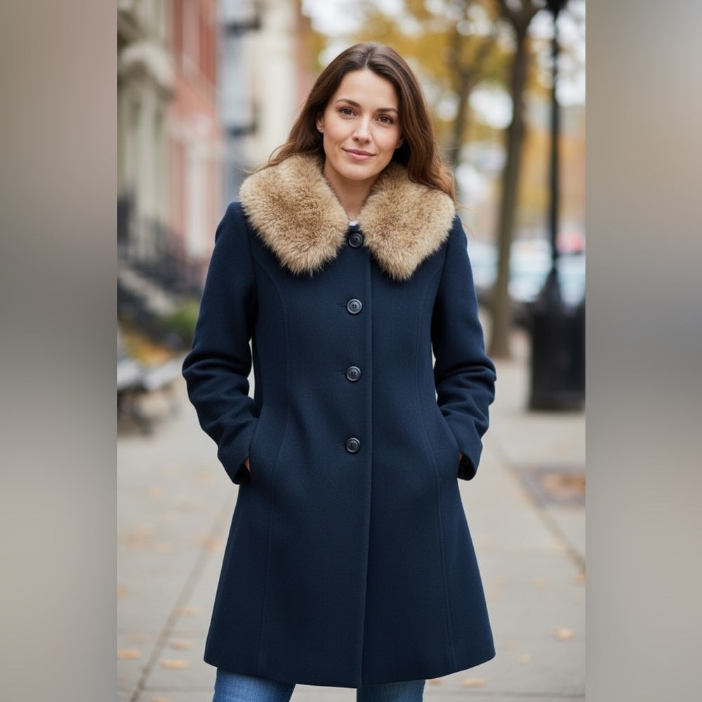 Chic Navy Pea Wool Coat with Fur Collar - Size XL