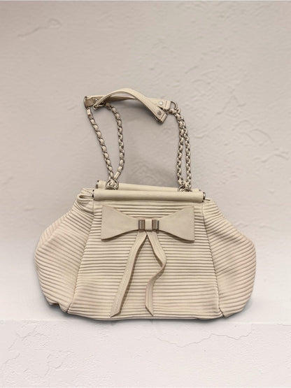 bebe Cream Ribbed Shoulder Bag with Bow Detail and Chain Strap