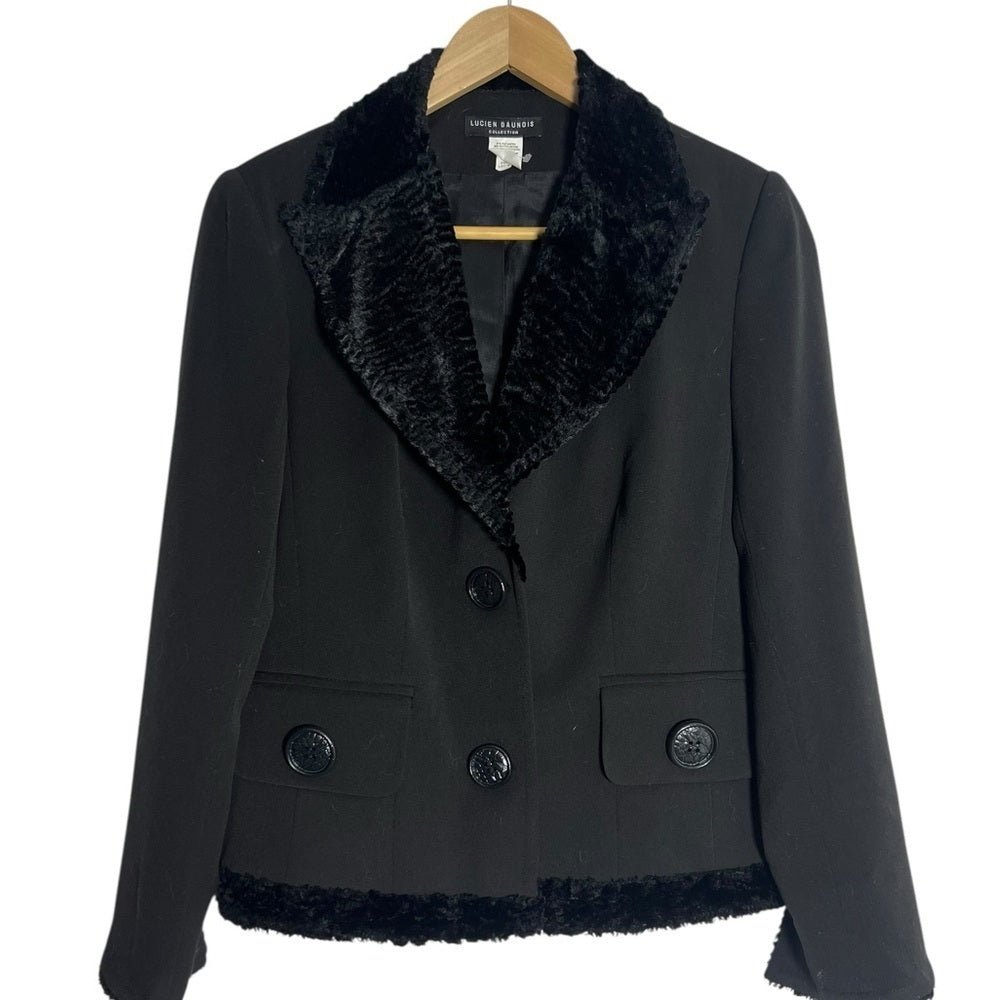 Lucien Dunois Designer Black Blazer/ Faux Fur - Elevated Office Chic - Size 10