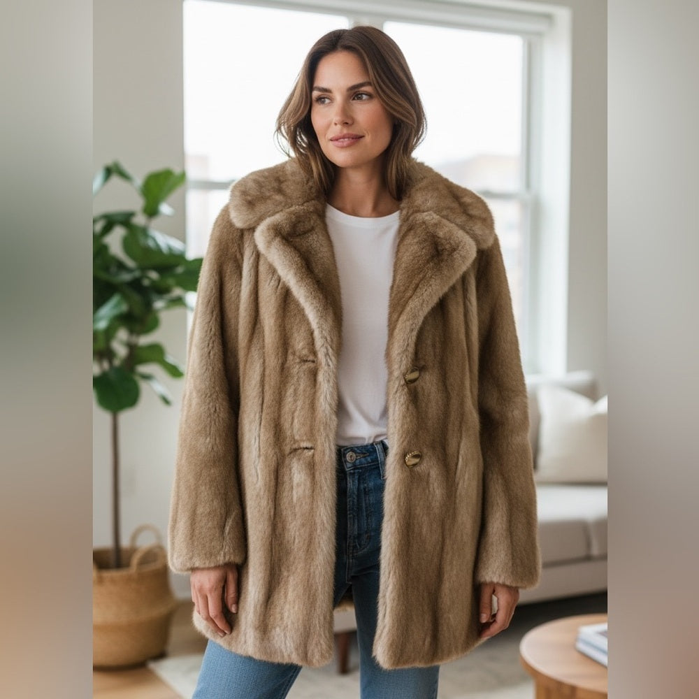 Elegant Tan Simulation Fur Coat - Neutral - Date Night - Formal - Size L
