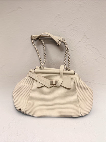 bebe Cream Ribbed Shoulder Bag with Bow Detail and Chain Strap