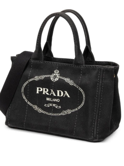 Prada Black Canapa Logo-Print Tote with Detachable Strap