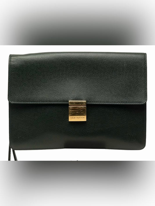 Louis Vuitton Green Leather Wristlet Clutch with Gold Lock