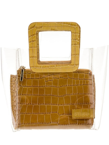 STAUD Clear PVC Tote with Tan Croc-Effect Pouch and Square Handles