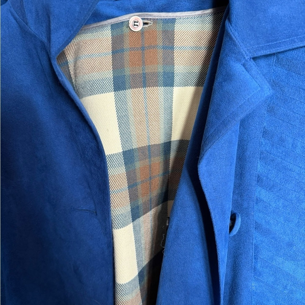 George Strath Blue Suede Jacket - Elevated Trench Coat - Chic, Vibrant - Size L
