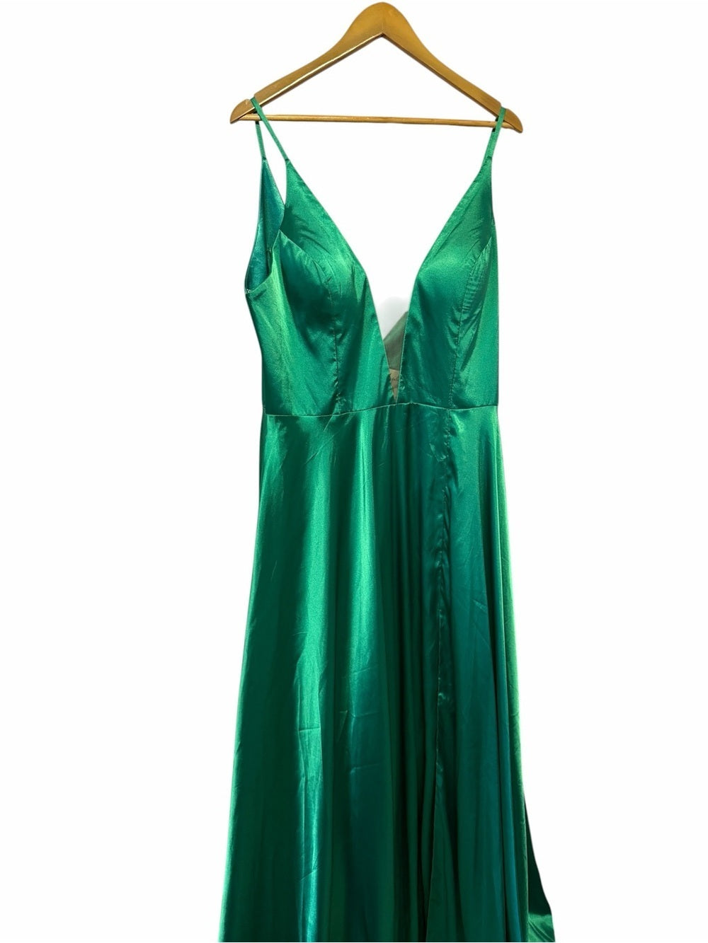 Angela & Alison Emerald Green Satin V-Neck A-Line Gown