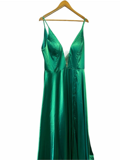 Angela & Alison Emerald Green Satin V-Neck A-Line Gown