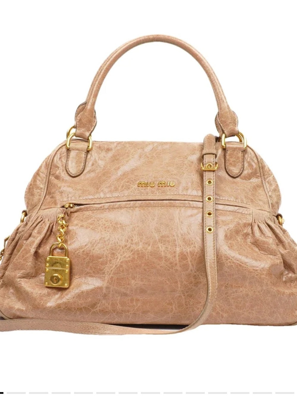 Miu Miu Taupe-Beige Leather Satchel with Gold Hardware