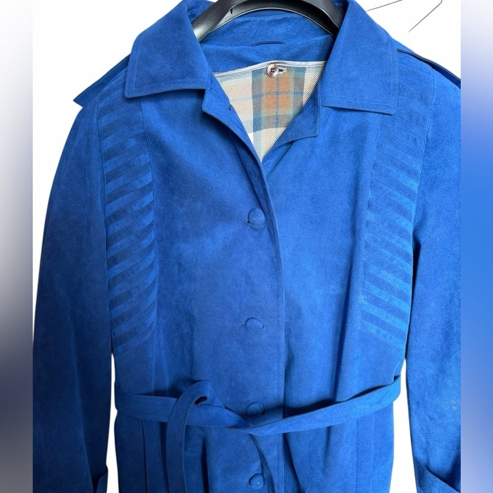 George Strath Blue Suede Jacket - Elevated Trench Coat - Chic, Vibrant - Size L