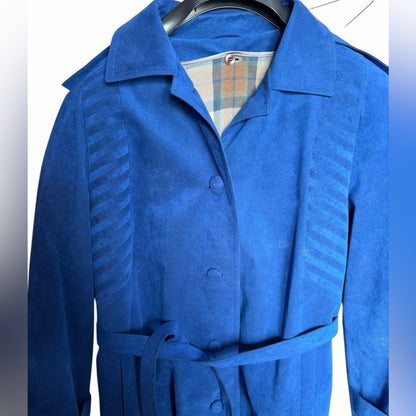 George Strath Blue Suede Jacket - Elevated Trench Coat - Chic, Vibrant - Size L