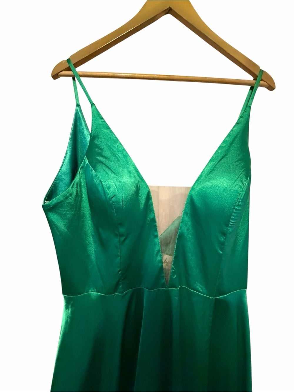 Angela & Alison Emerald Green Satin V-Neck A-Line Gown