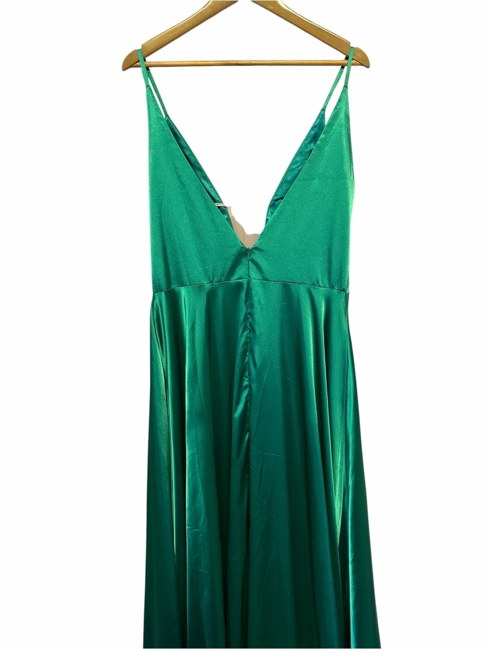 Angela & Alison Emerald Green Satin V-Neck A-Line Gown