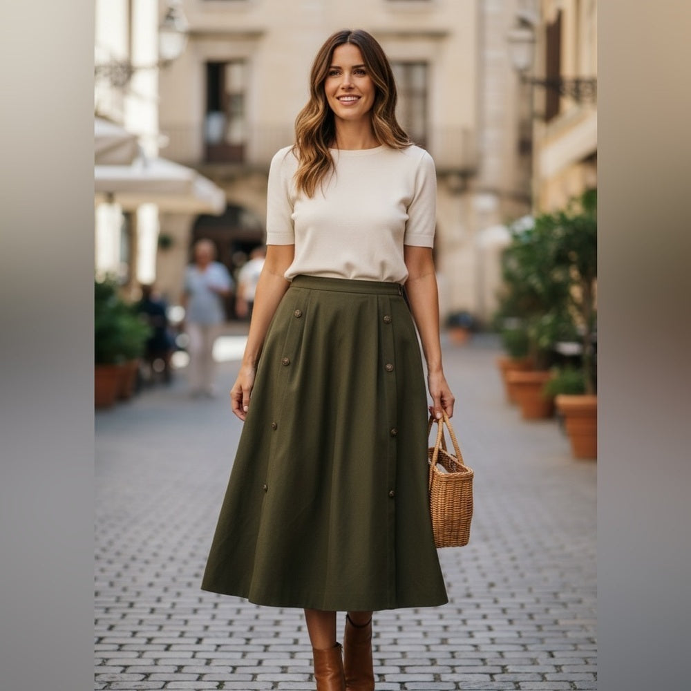 Chic Olive A-Line Midi Skirt