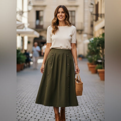 Chic Olive A-Line Midi Skirt