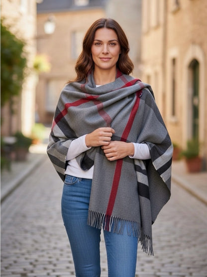 Striped Gray and Red Fringe Shawl