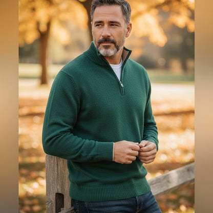 Lorenzo Magni - Made in Italy - Forest Green Zip-Up Men's Wool Sweater - Size M