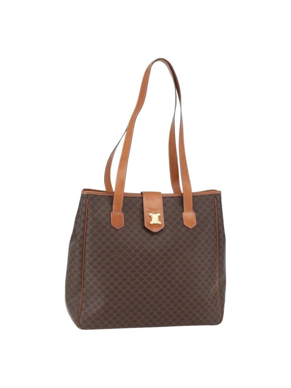 Celine Brown Monogram Madam Tote with Tan Leather Trim and Gold Accent