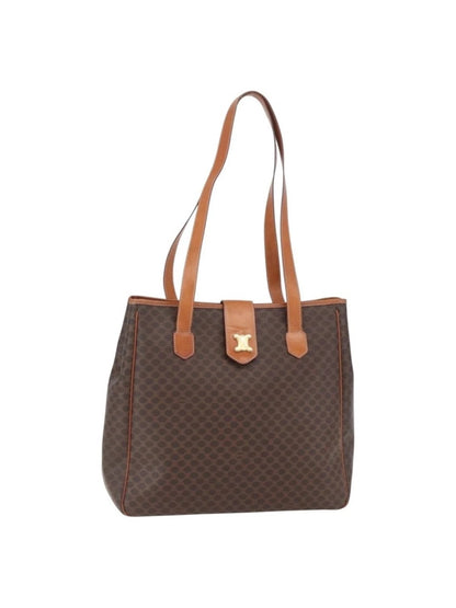 Celine Brown Monogram Madam Tote with Tan Leather Trim and Gold Accent