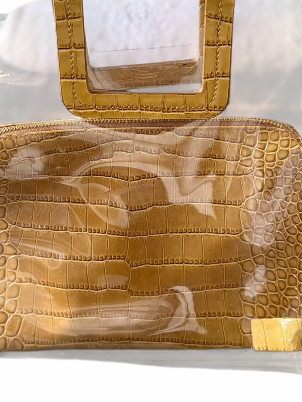 STAUD Clear PVC Tote with Tan Croc-Effect Pouch and Square Handles