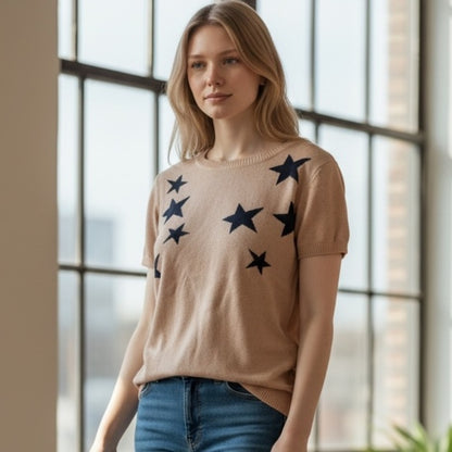 Figs Women's Tan Sweater with Black Stars - casual - Size M