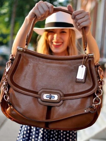Coach Chelsea Extra Large - Brown Leather Shoulder Bag with Chain Accents