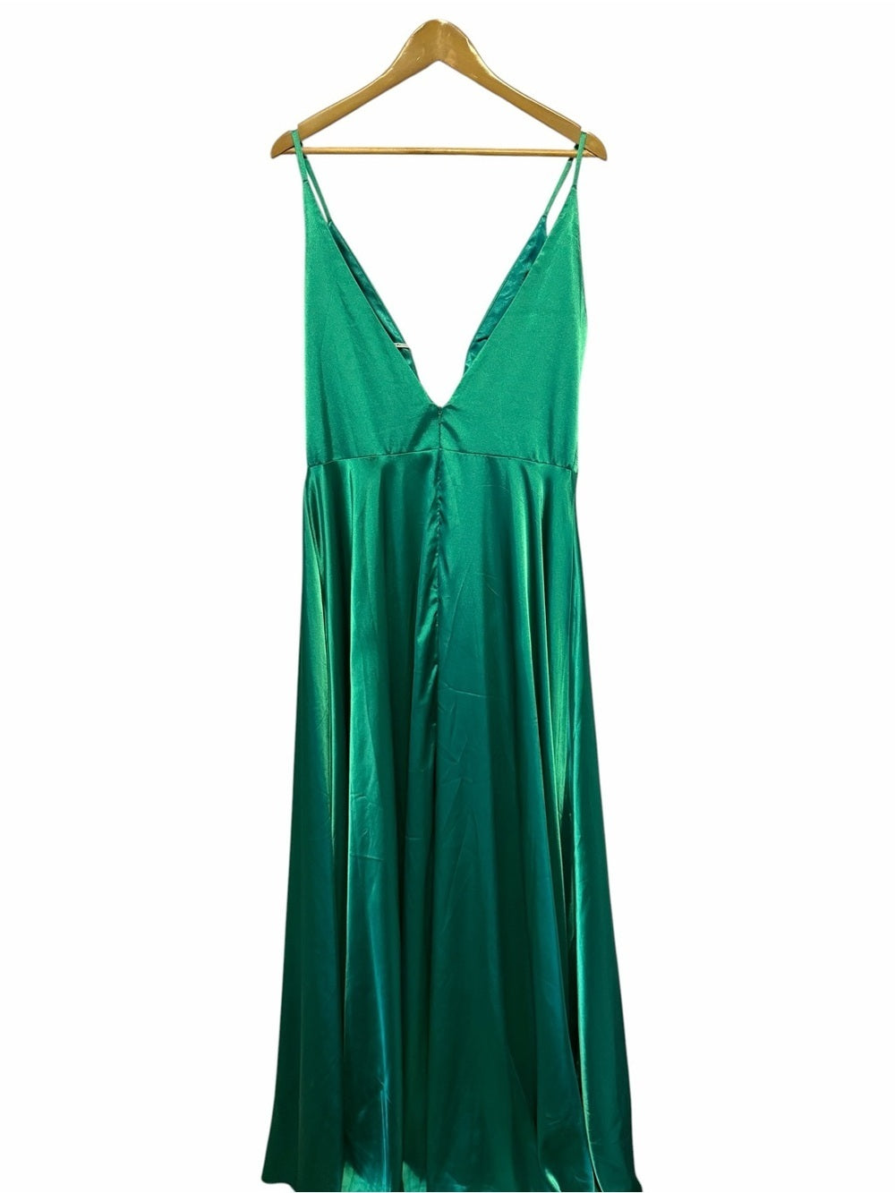 Angela & Alison Emerald Green Satin V-Neck A-Line Gown