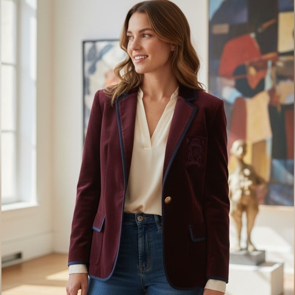 Tommy Hilfiger Burgundy Blazer with Blue Accents - Office Chic - Velvet Size 18