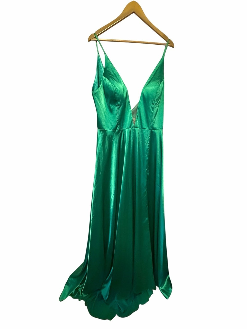 Angela & Alison Emerald Green Satin V-Neck A-Line Gown