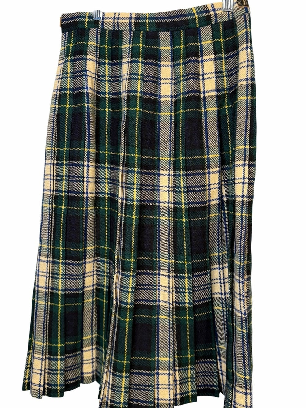 Classic Wool Green Plaid Midi Skirt with Cream Accents - Size 8