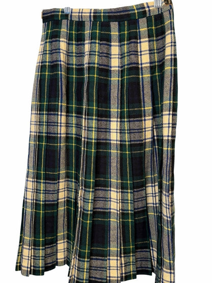 Classic Wool Green Plaid Midi Skirt with Cream Accents - Size 8