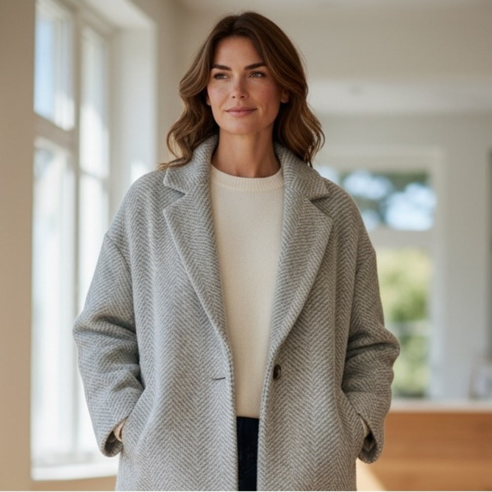 Raey - Designer Chic Women's Gray Herringbone Coat - Elegant Office Wear Size 10